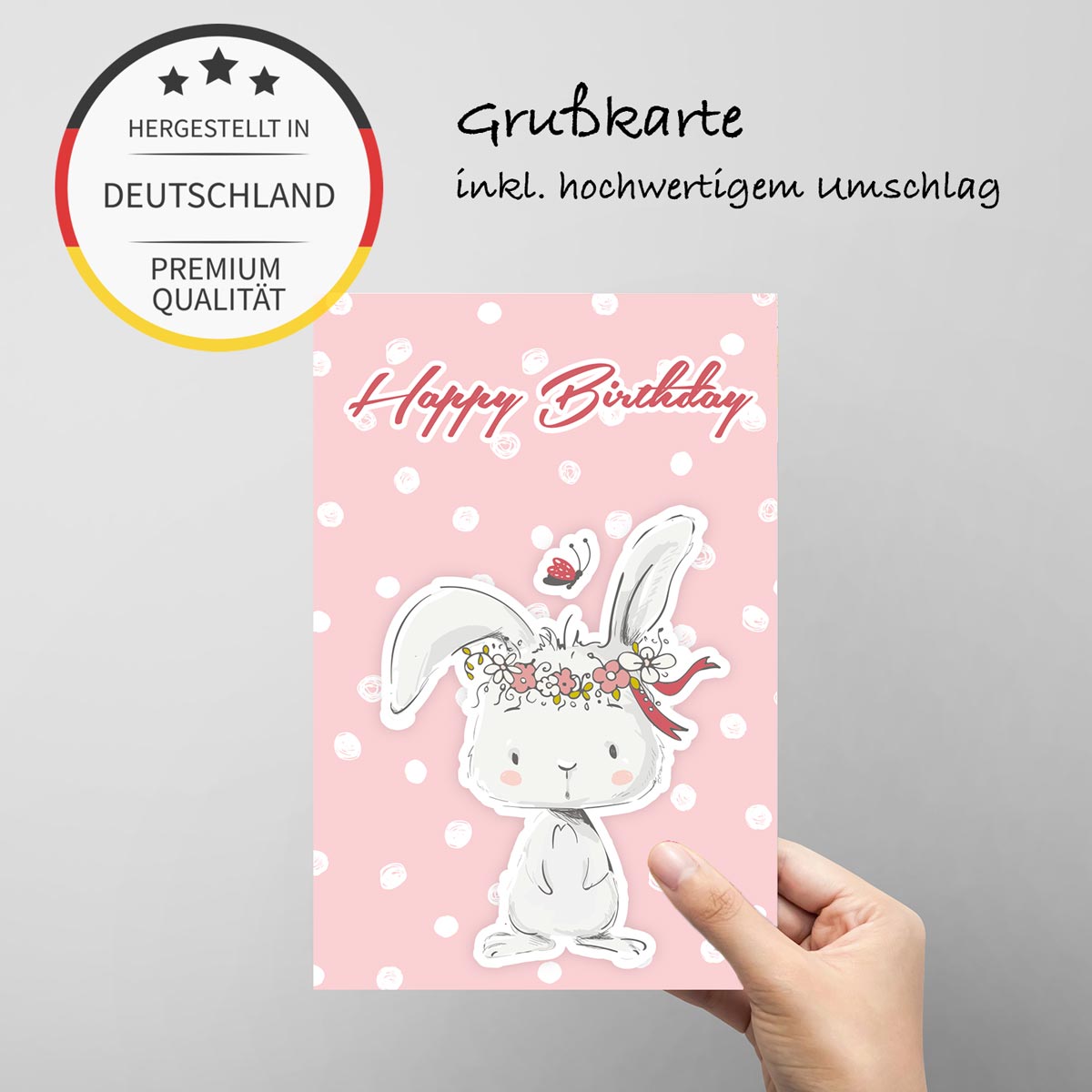 1 Geburtstagskarte mit Häschenmotiv, Happy Birthday