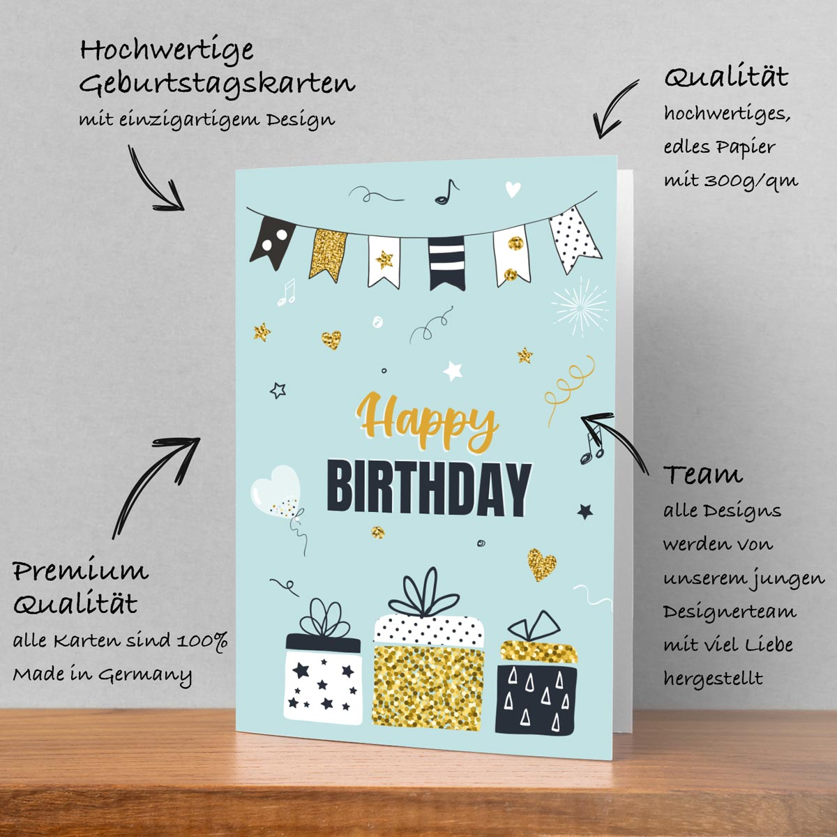 1 Premium Geburtstagskarte Happy Birthday 18x12cm mit Umschlag