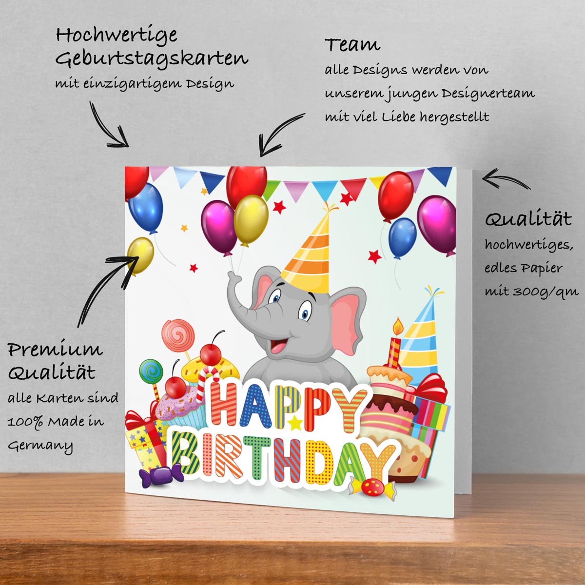 1 Premium Kinder Geburtstagskarte Happy Birthday quadratisch 14,8x14,8 cm mit Umschlag