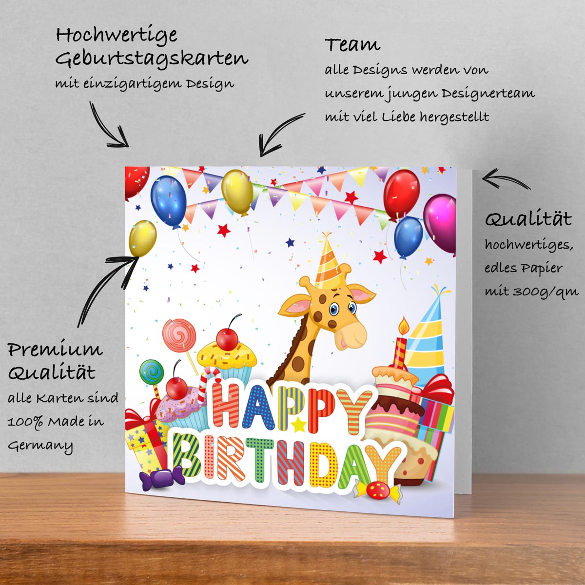 1 Premium Kinder Geburtstagskarte Happy Birthday quadratisch 14,8x14,8 cm mit Umschlag