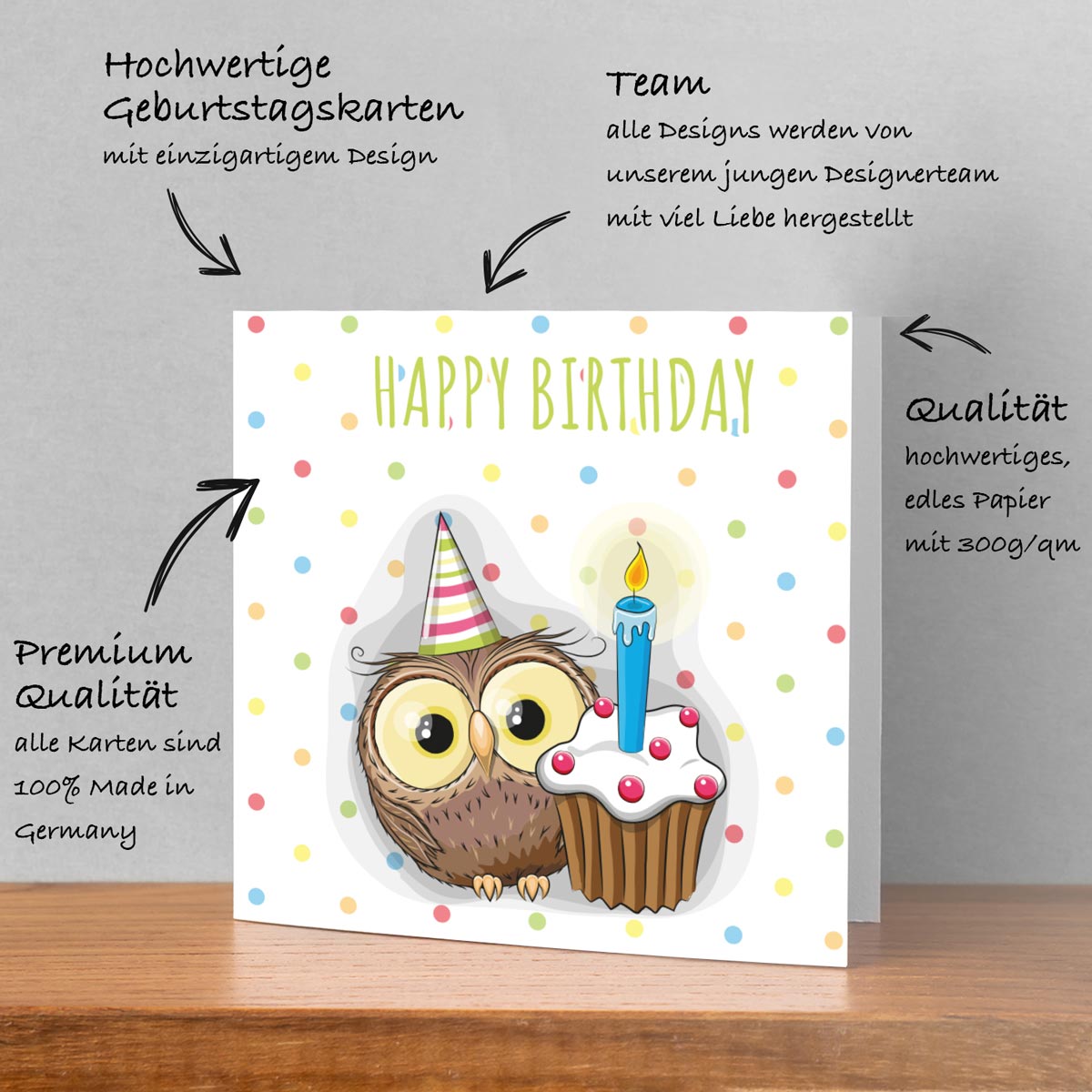 1 Premium Geburtstagskarte Kinder Happy Birthday quadratisch 14,3x14,3 cm mit Umschlag