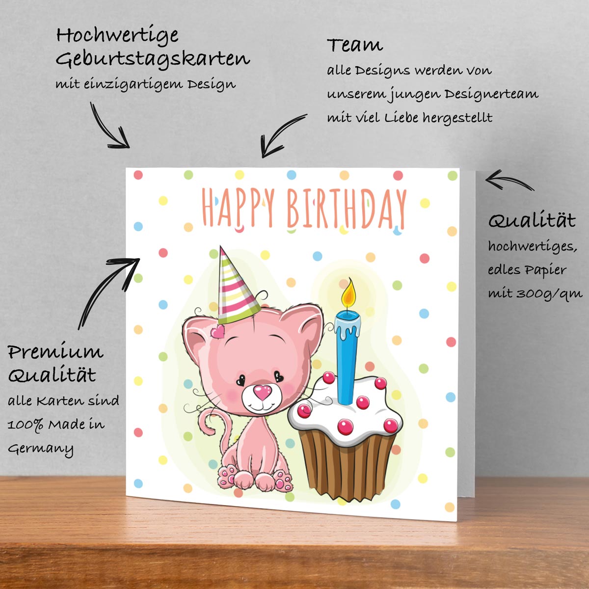 1 Premium Kinder Geburtstagskarte Happy Birthday quadratisch 14,3x14,3 cm mit Umschlag