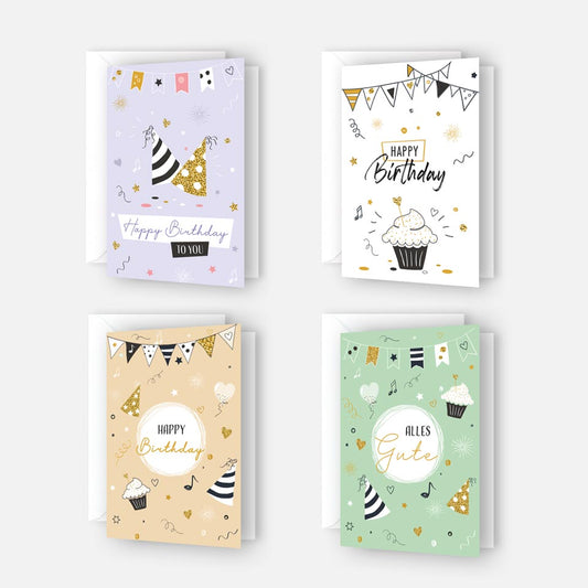 4 Premium Geburtstagskarten happy birthday 18x12cm + 4 Kuverts Geburtstag Karten