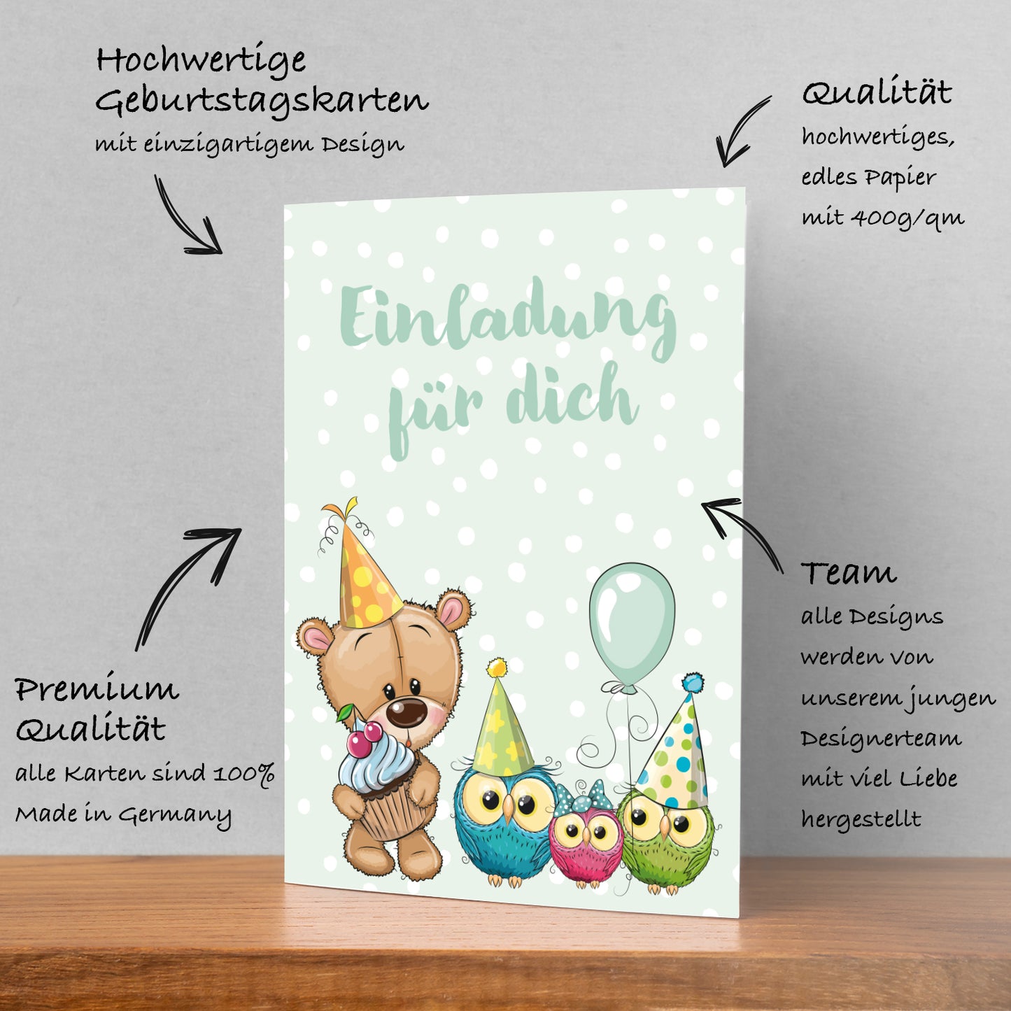 12 Stück Premium Karte Geburtstagseinladung + Naturumschlag (Klappkarte)