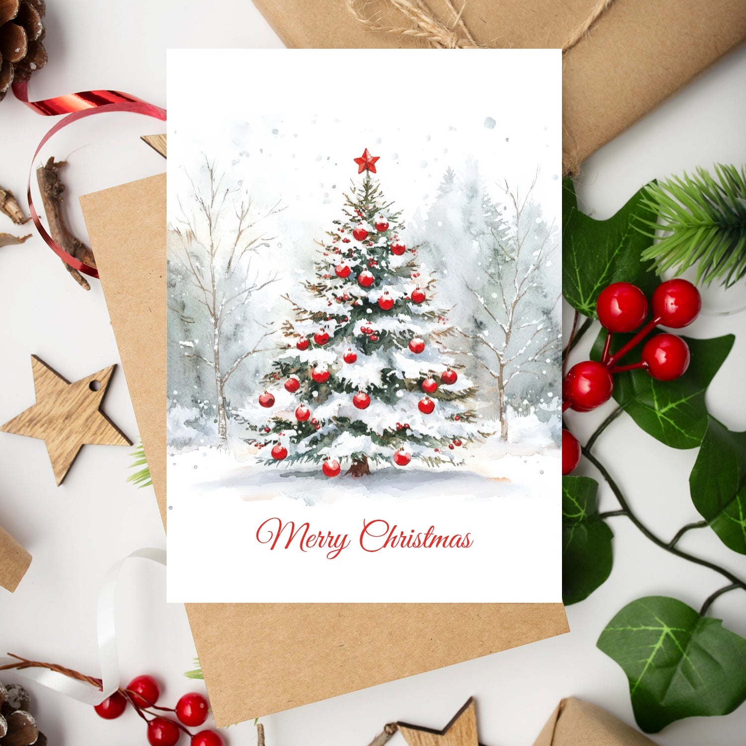 Klassische Weihnachtskarte: Weihnachtsbaum mit roten Christbaumkugeln in edlem Design.