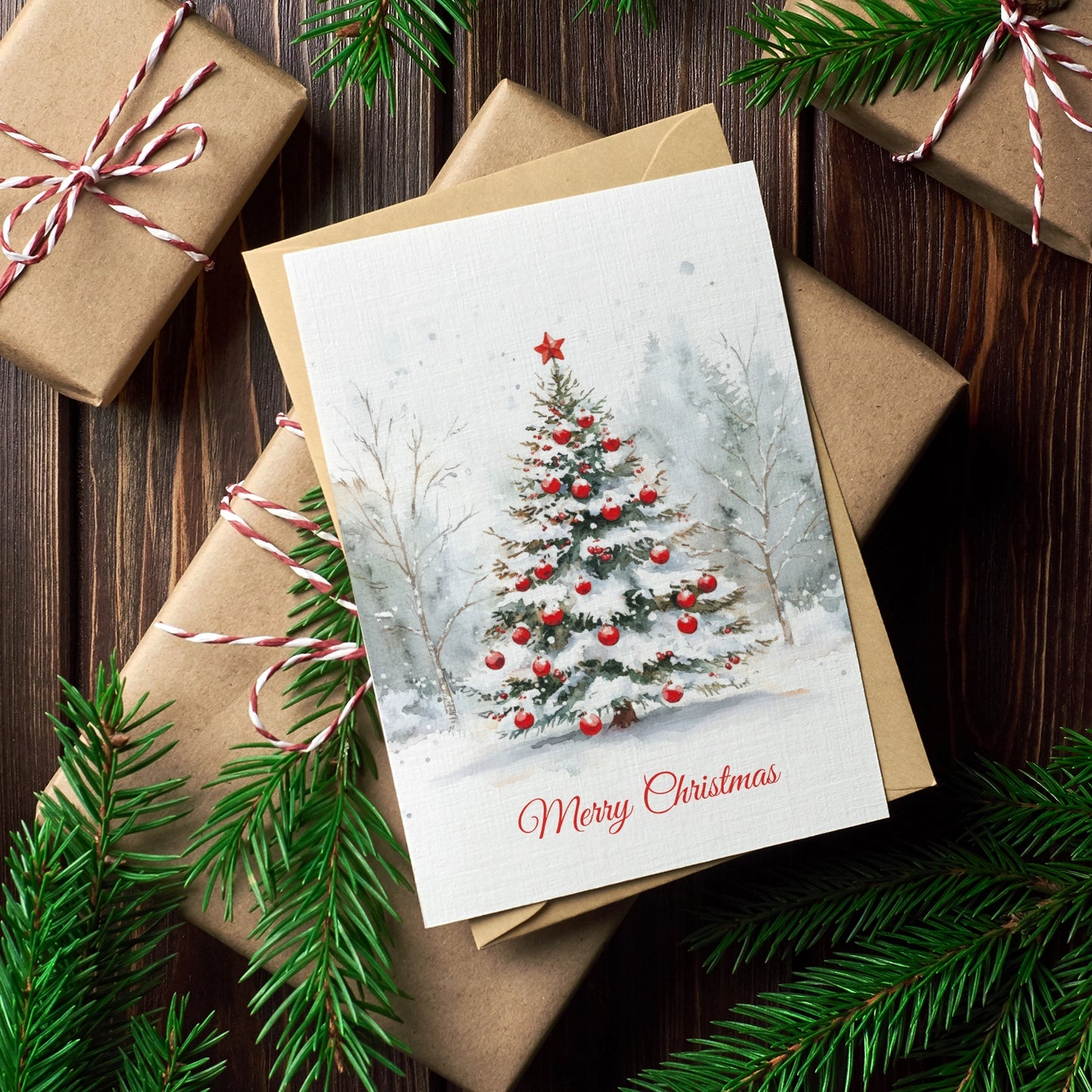 Moderner klassischer Weihnachtsbaum mit roten Weihnachtskugeln auf elegantem Hintergrund – festliche Weihnachtskarte.