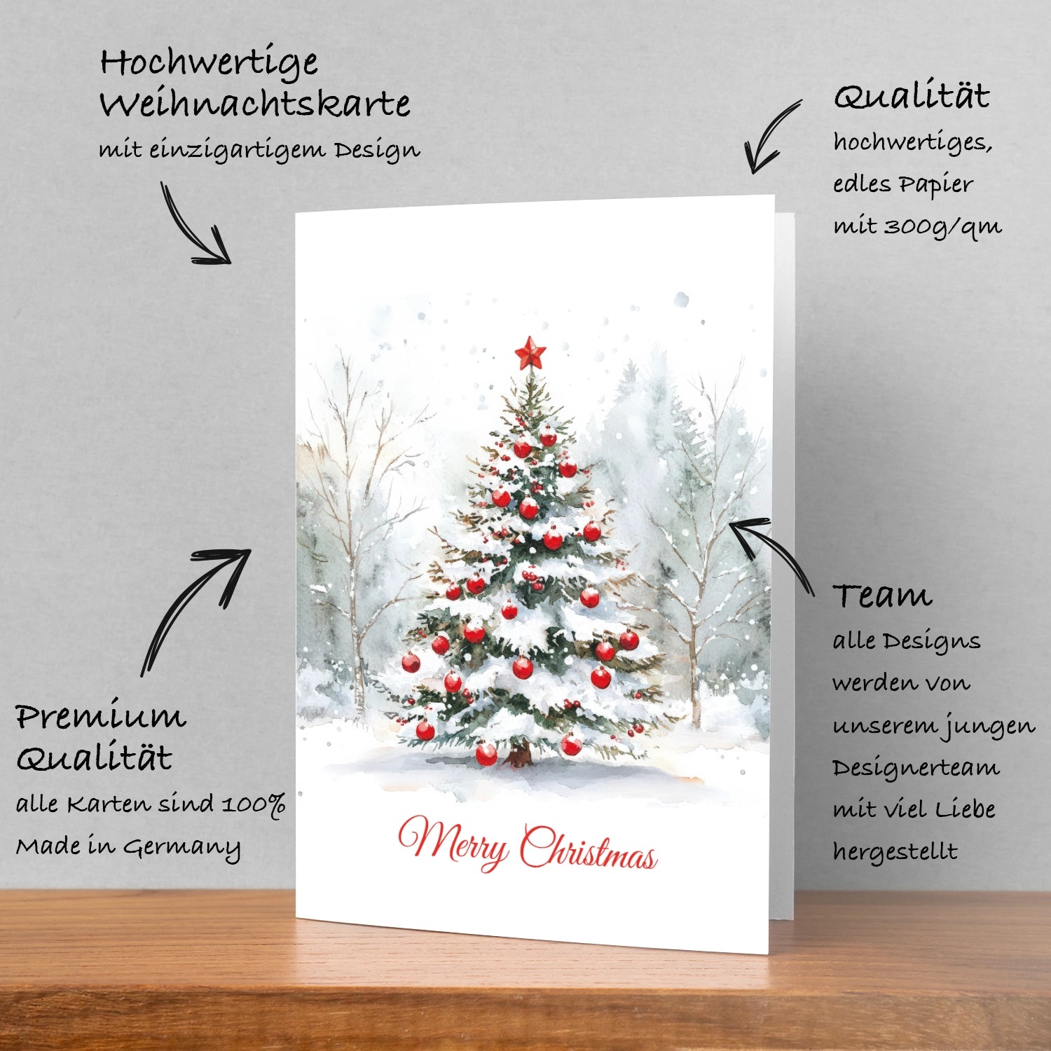 Festliche Grußkarte mit Weihnachtsbaum und roten Kugeln in modern-klassischem Stil.