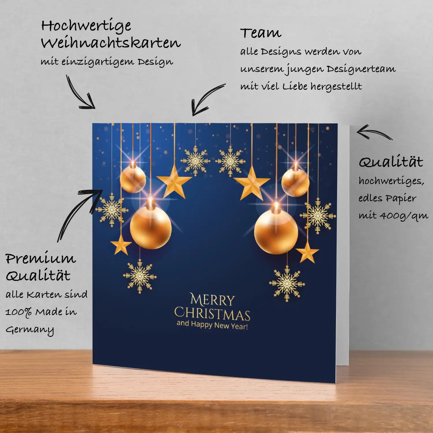 Festliche Weihnachtskarte in blau und gold - Klappkarte mit Kuvert - Merz Designkarten