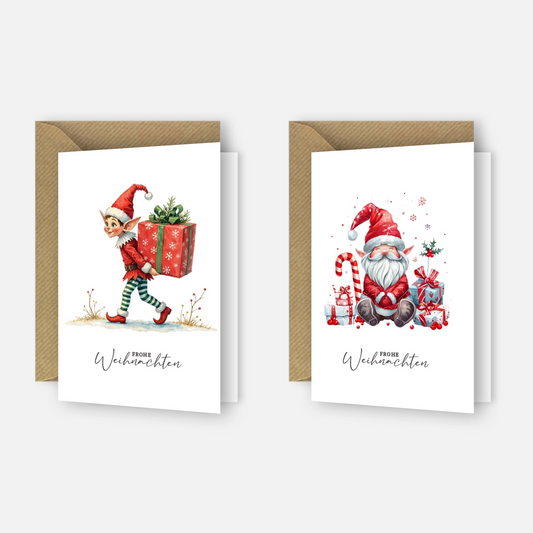 2 bezaubernde Weihnachtskarten - Fehen- und Wichtelmotiv - Klappkarten mit Naturpapier.