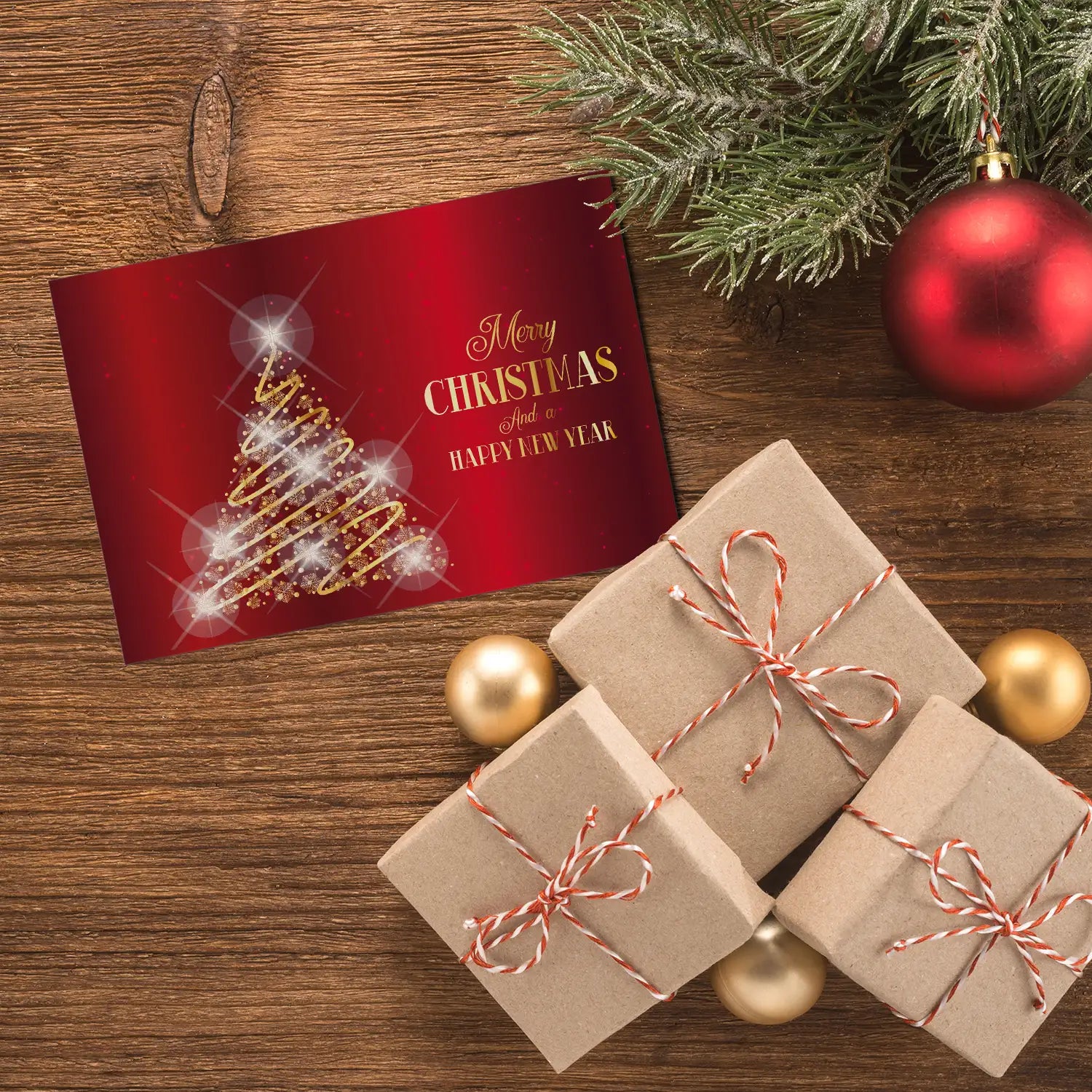 Edle Weihnachtskarte in rot und gold - Klappkarte mit Kuvert - Merz Designkarten