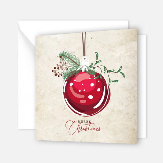 Quadratische Weihnachtskarte mit roter Baumkugel- Klappkarte mit weißem Kuvert