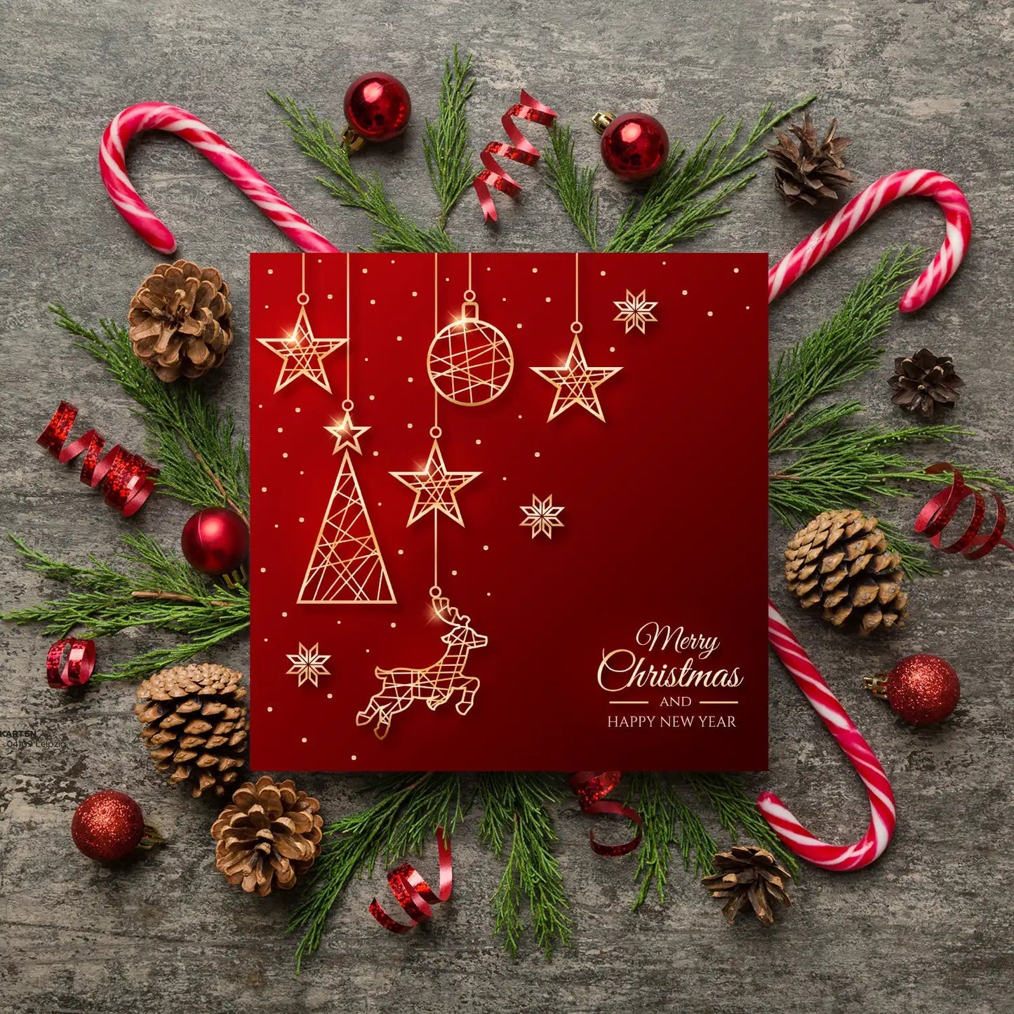 Edle quadratische Weihnachtskarte - Klappkarte - rot-goldenes Design Merz Designkarten