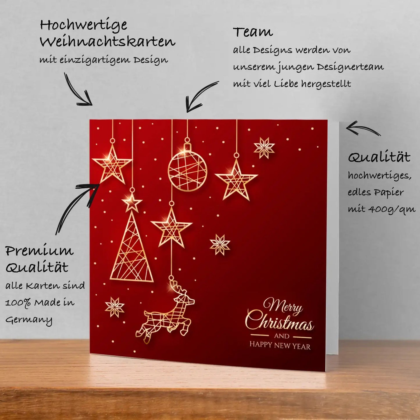 Edle quadratische Weihnachtskarte - Klappkarte - rot-goldenes Design Merz Designkarten