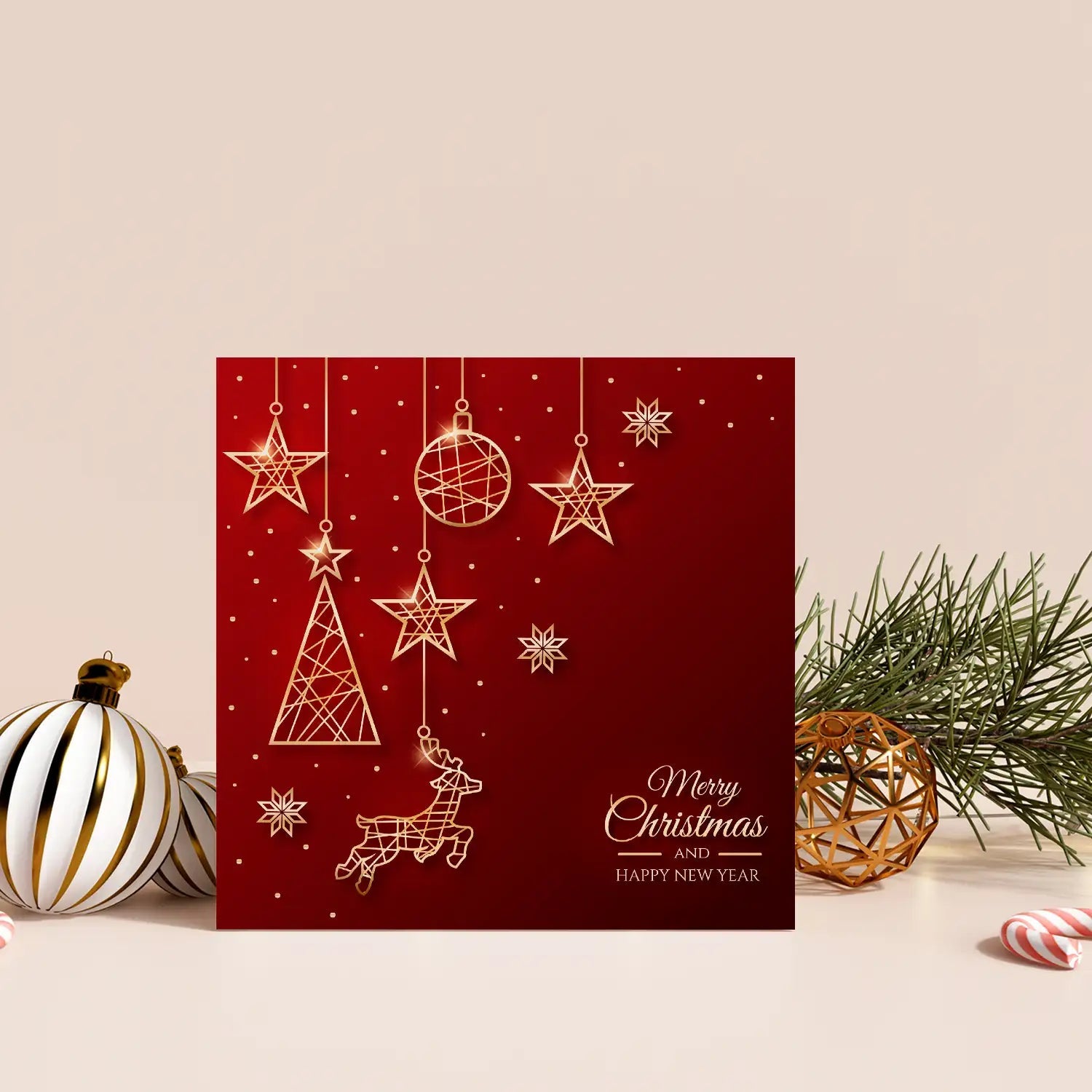 Edle quadratische Weihnachtskarte - Klappkarte - rot-goldenes Design Merz Designkarten