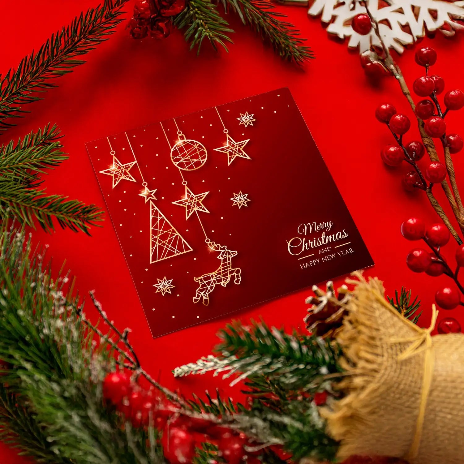 Edle quadratische Weihnachtskarte - Klappkarte - rot-goldenes Design Merz Designkarten