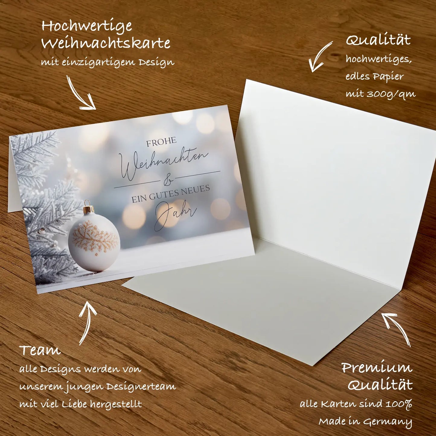 Festliche Weihnachtskarte mit romantischer Illustration und behaglicher, winterlicher Atmosphäre.