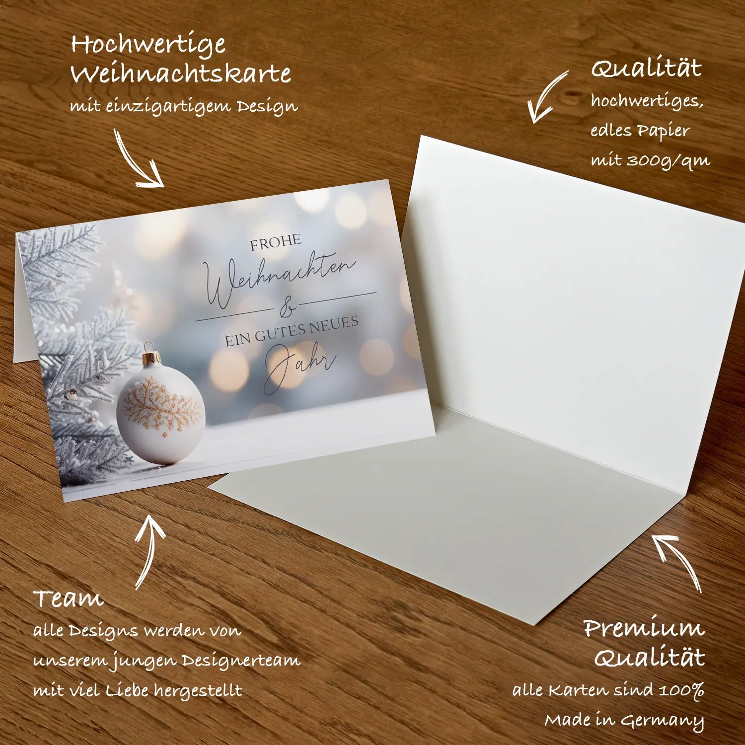 Festliche Weihnachtskarte mit romantischer Illustration und behaglicher, winterlicher Atmosphäre.