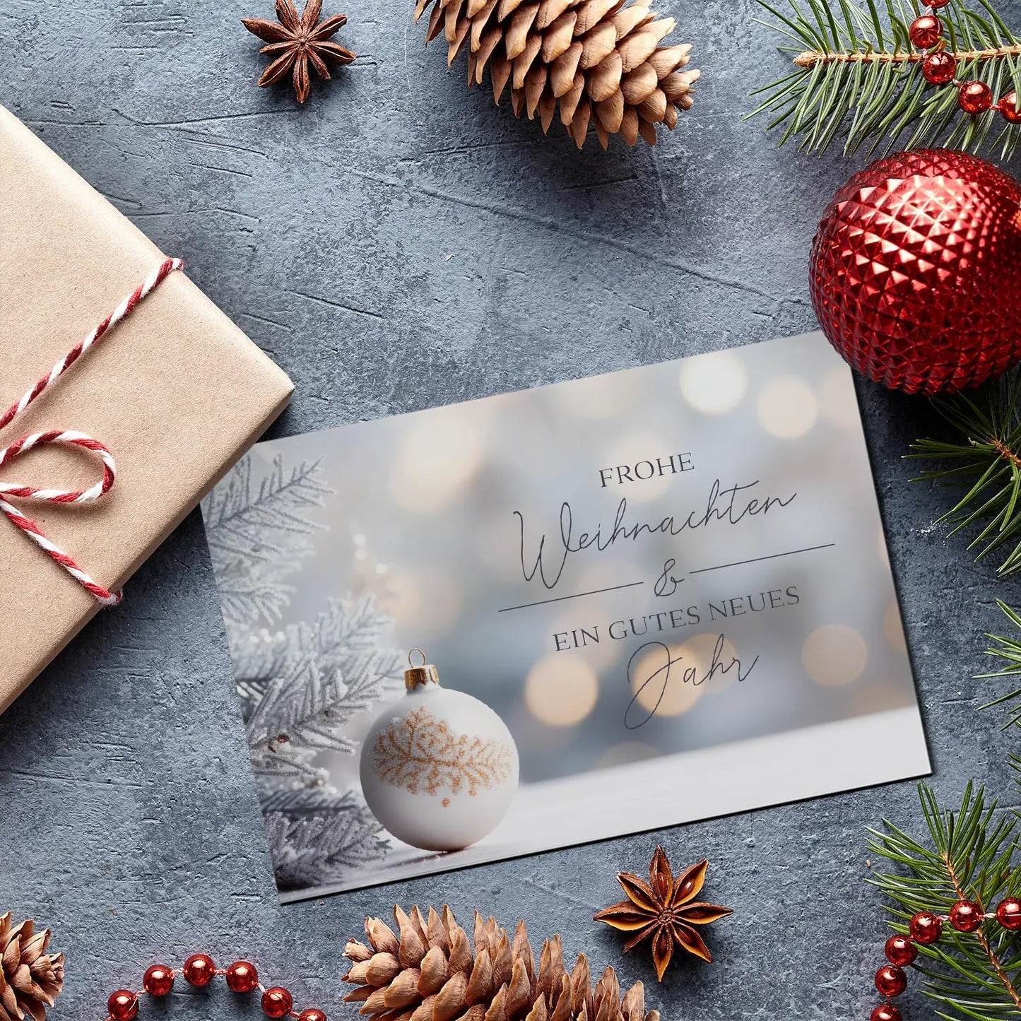 Schöne Weihnachtskarte idyllisch und romantisch – gemütliches Design zum Kaufen für festliche Grüße.