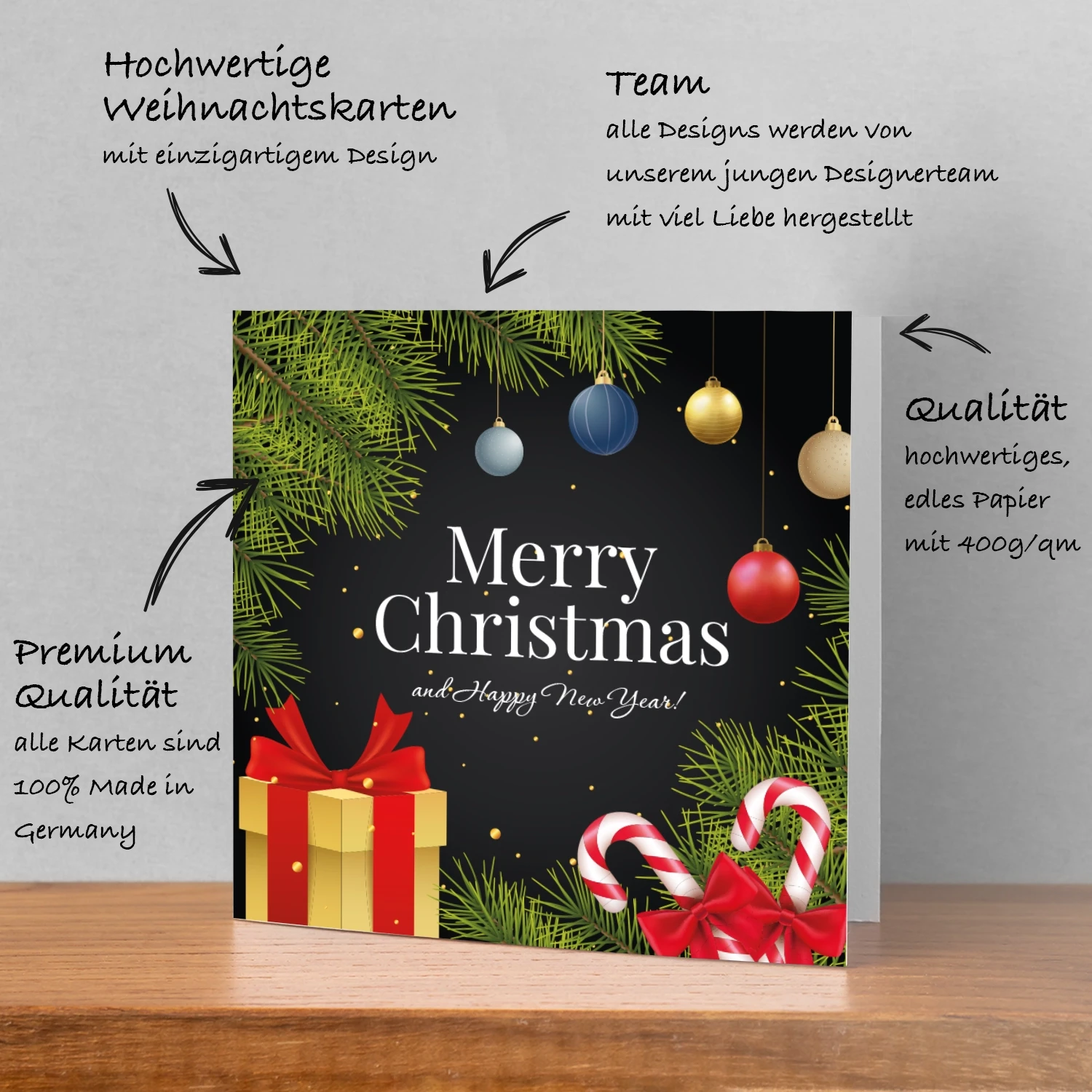 4 verschiedene Weihnachtskarten, Klappkarten mit 4 Kuverts - 14,8x14,8cm Merz Designkarten