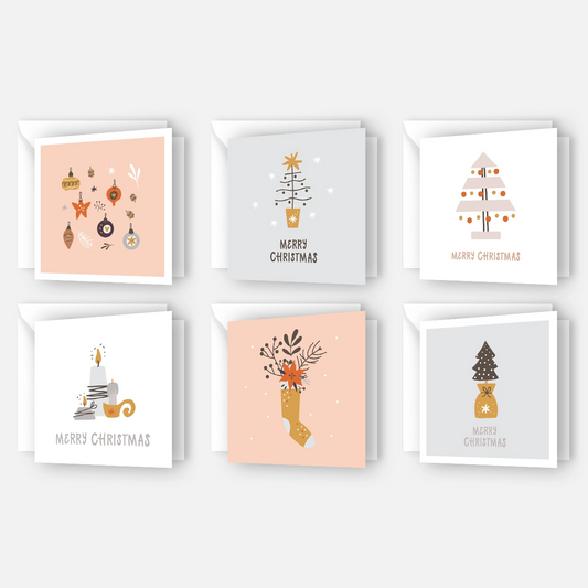 Modernes Weihnachtskarteset - 6 verschiedene Motive - Klappkarten mit weißen Kuverts