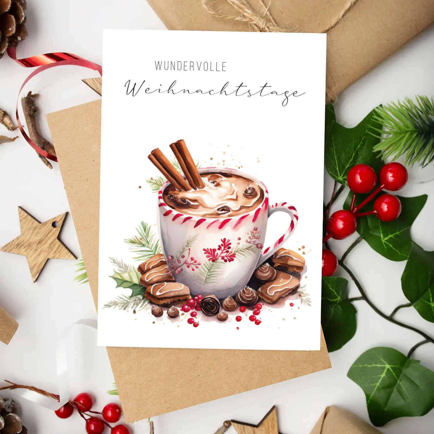 Einzigartiges 6er-Weihnachtskartenset mit 6 Aquarellmotive + 6 braunemUmschläge - Klappkarten