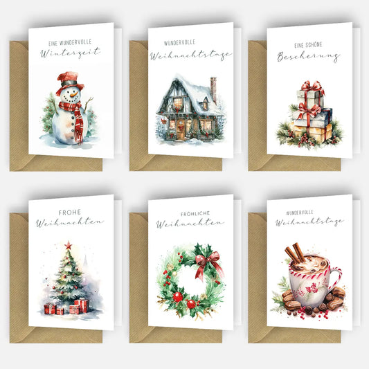 Einzigartiges 6er-Weihnachtskartenset mit 6 Aquarellmotive + 6 braunemUmschläge - Klappkarten
