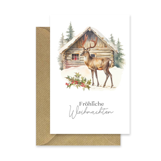 Einzigartige Weihnachtskarte mit Elchmotiv- Klappkarte mit braunem Umschlag