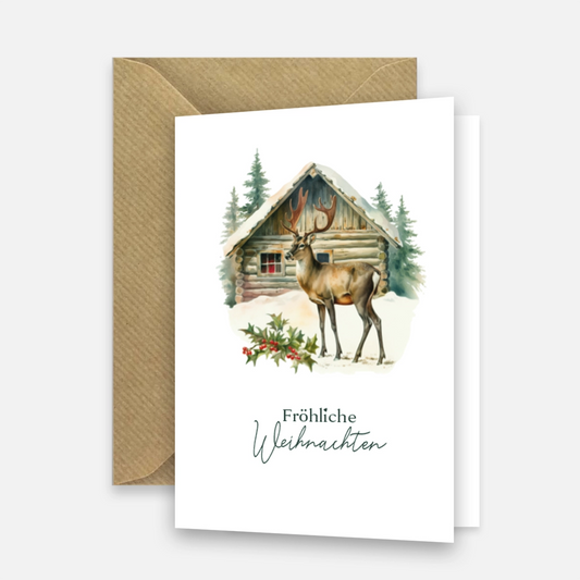 Einzigartige Weihnachtskarte mit Elchmotiv- Klappkarte mit braunem Umschlag