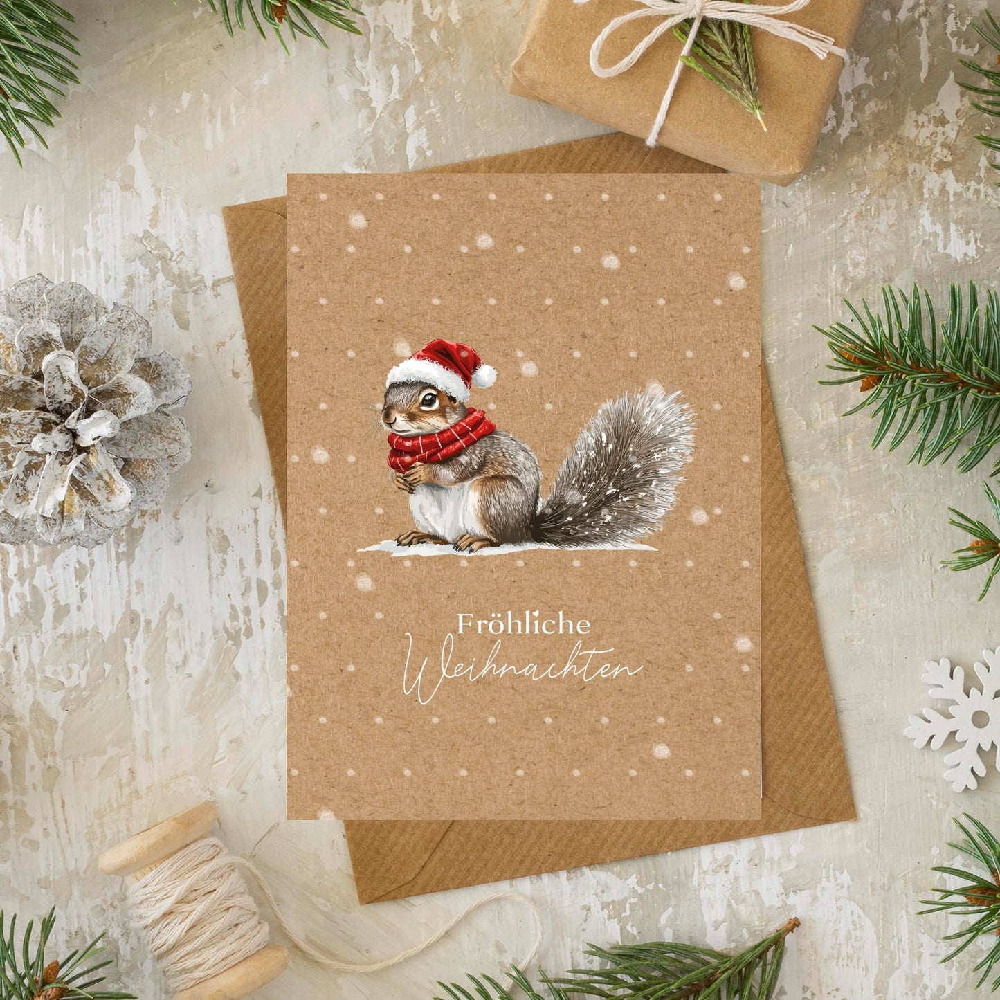 1 bezaubernde  Weihnachtskarte mit Eichhörnchenmotiv -Klappkarte mit braunem Umschlag