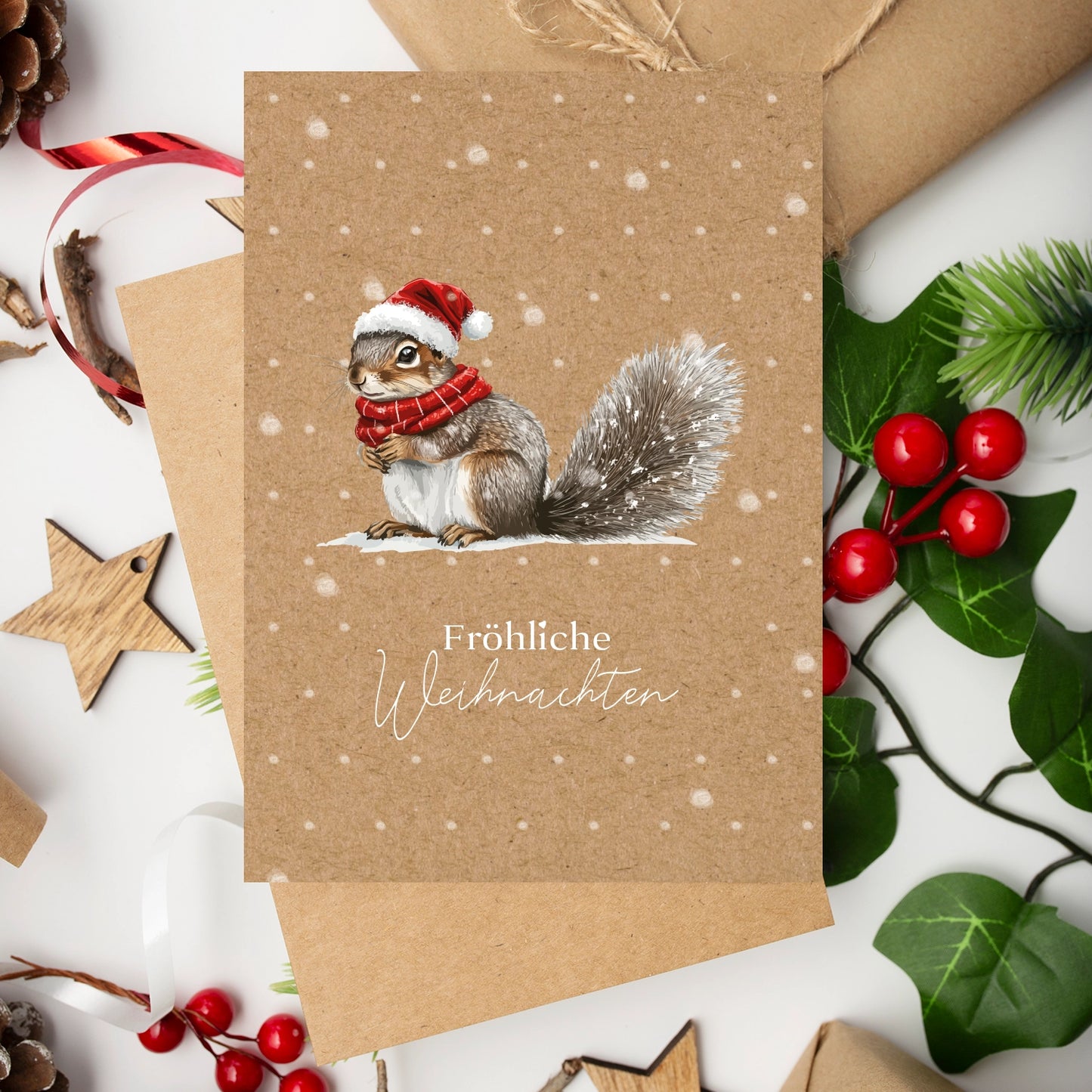 1 bezaubernde  Weihnachtskarte mit Eichhörnchenmotiv -Klappkarte mit braunem Umschlag