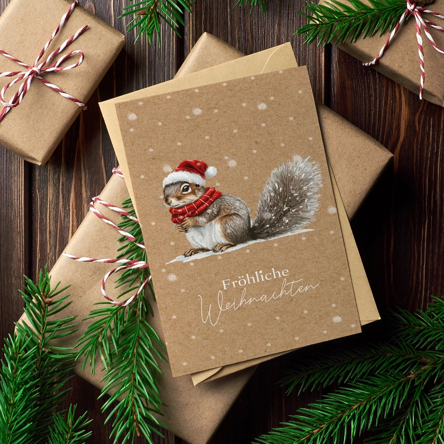 1 bezaubernde  Weihnachtskarte mit Eichhörnchenmotiv -Klappkarte mit braunem Umschlag