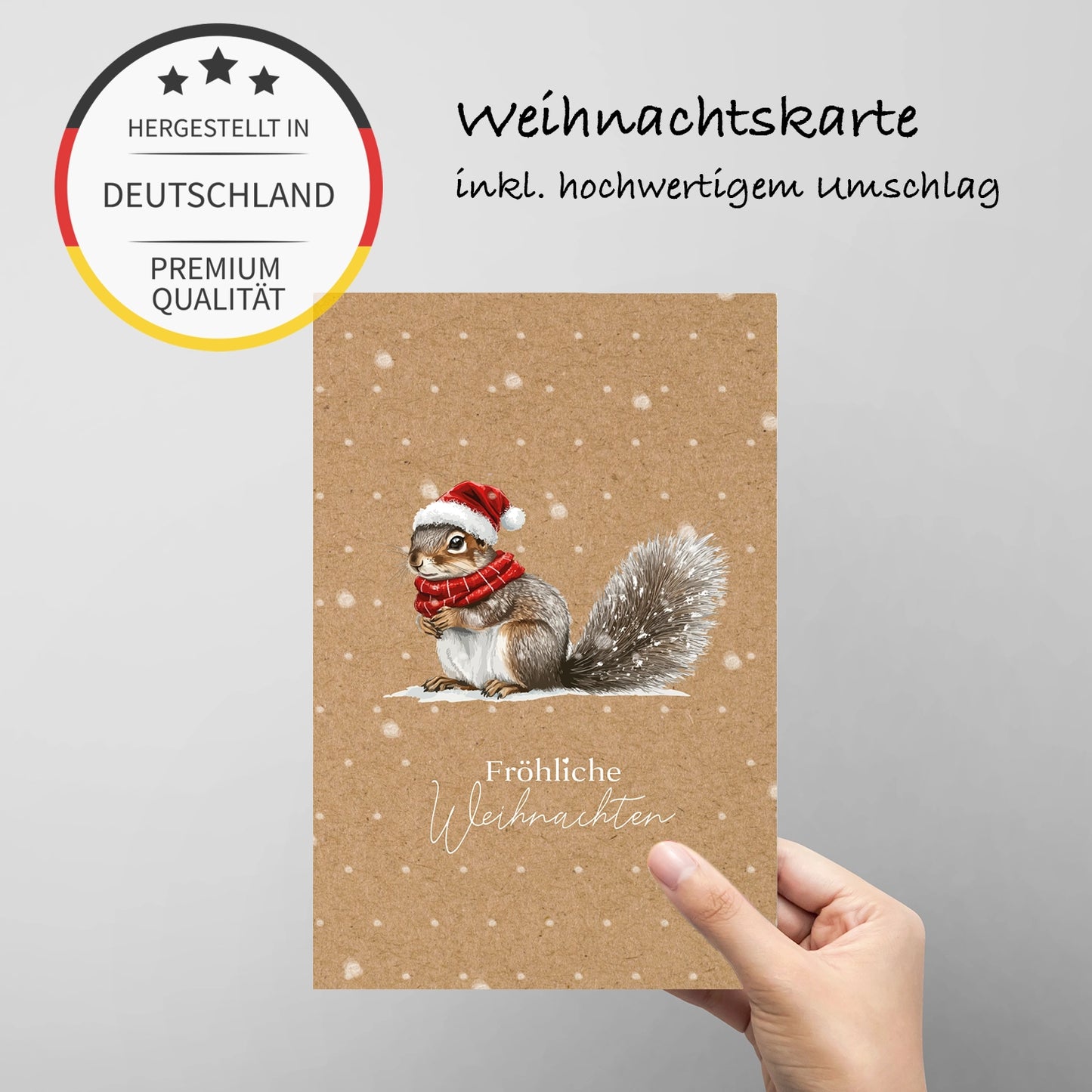 1 bezaubernde  Weihnachtskarte mit Eichhörnchenmotiv -Klappkarte mit braunem Umschlag
