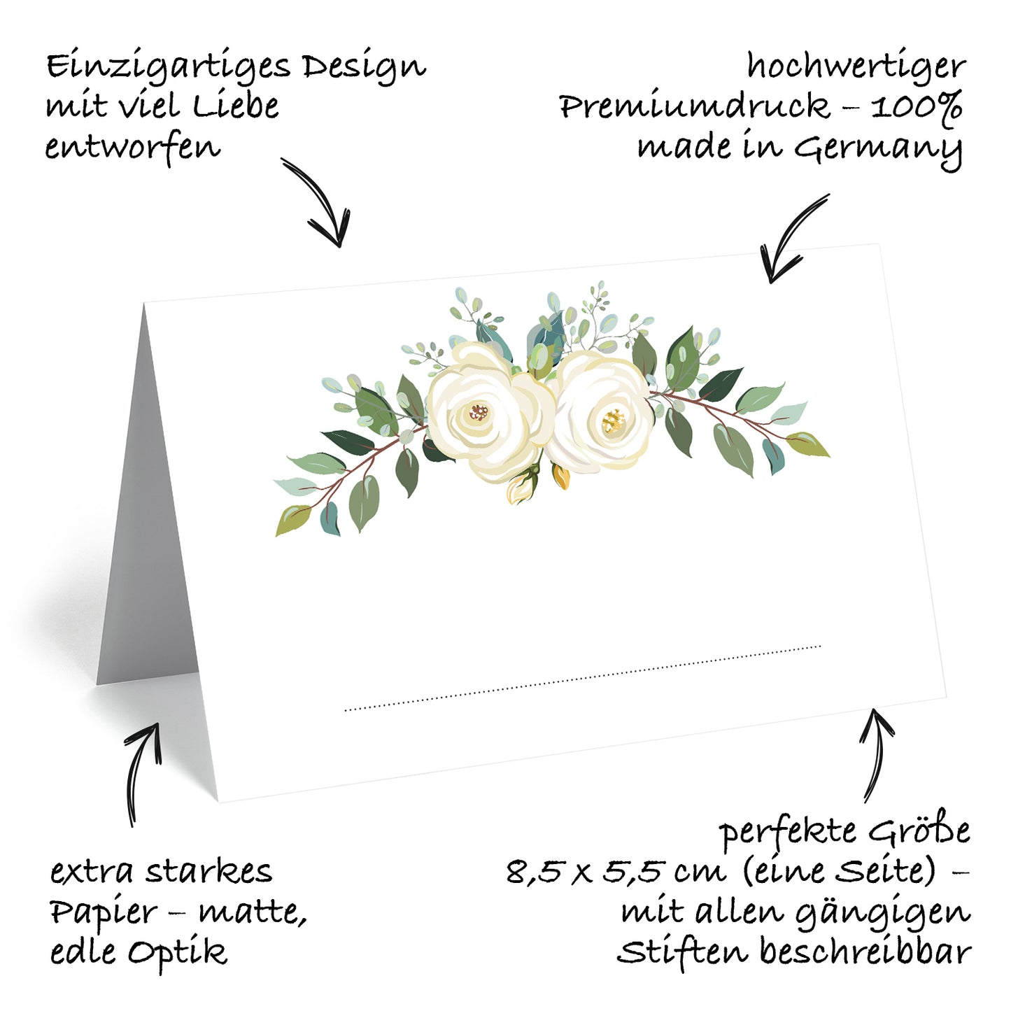 50 edle Platzkarten Tischkarten mit zwei edlen Blumen als Motiv - 5,5x8,5cm